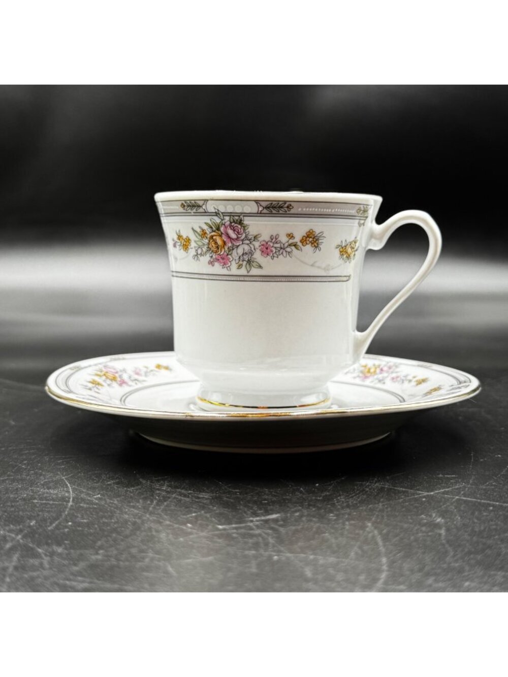 Vintage Porcelain Floral Teacup & Saucer Set W/ Gold Accent Trim